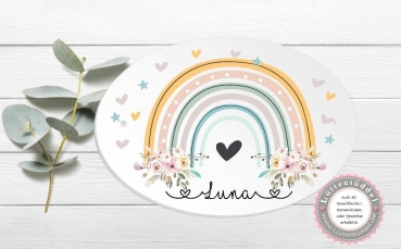 Preview: zauberhaftes ovales Türschild mit Regenbogen Blüten Herzen und Wunschname, Kinderzimmer- zur Einschulung, Geburtstag, Taufe, Lüttentüddel®